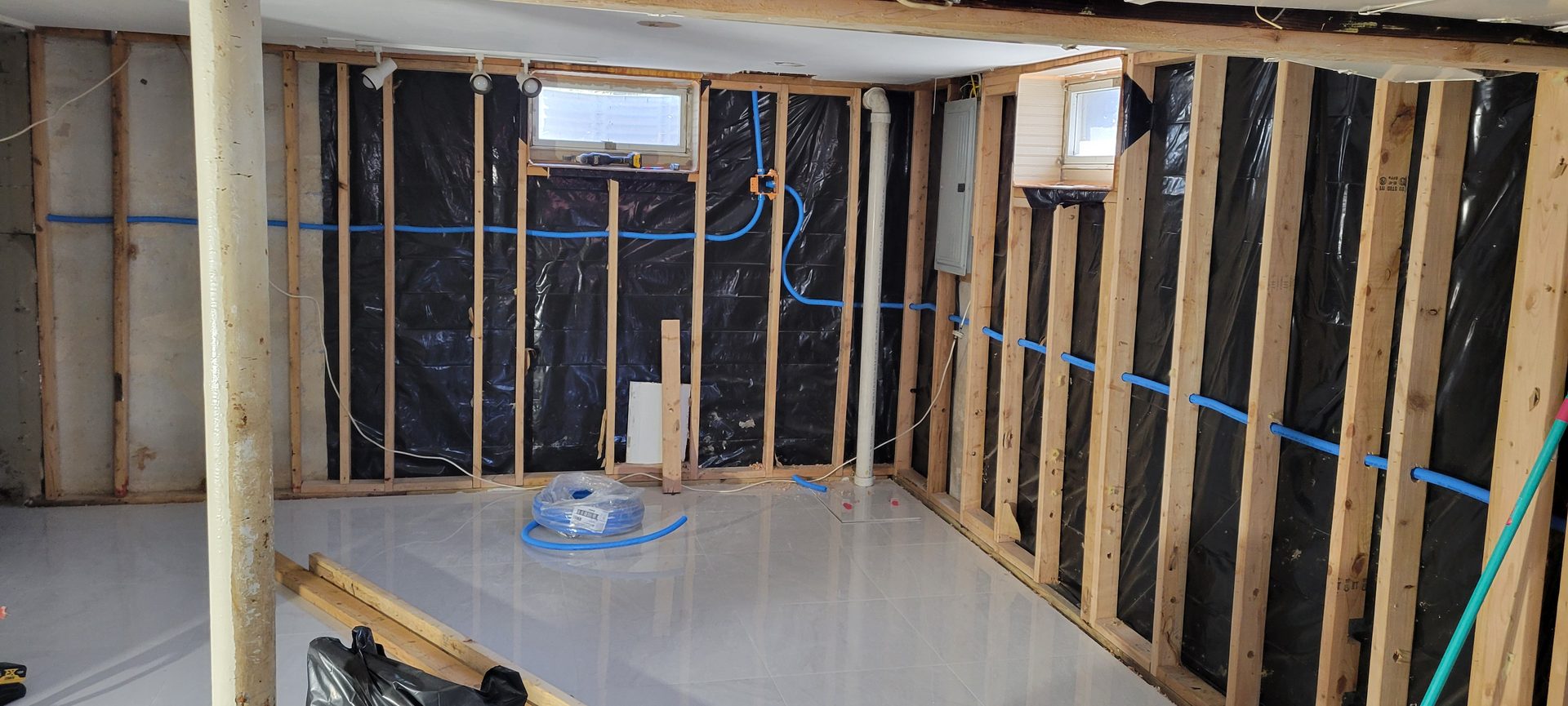 Interior renovation with framing and rough plumbing