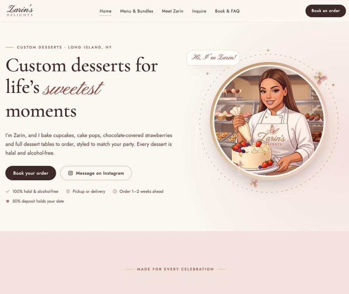 Zarin's Delights home page with an illustrated portrait of Zarin decorating a cake